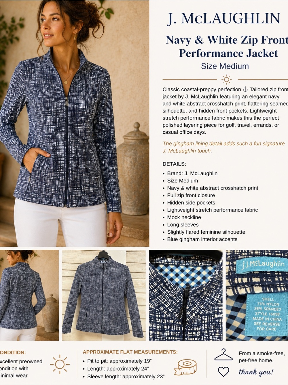 J. McLaughlin Navy & White Abstract Zip-Front Utility Jacket Size Medium